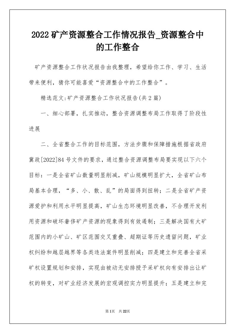 2022矿产资源整合工作情况报告_资源整合中的工作整合