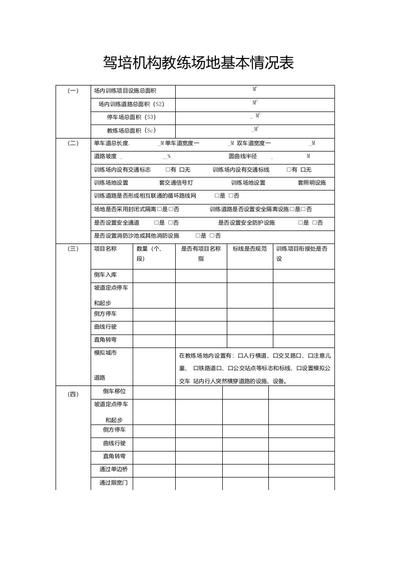 驾培机构教练场地基本情况表