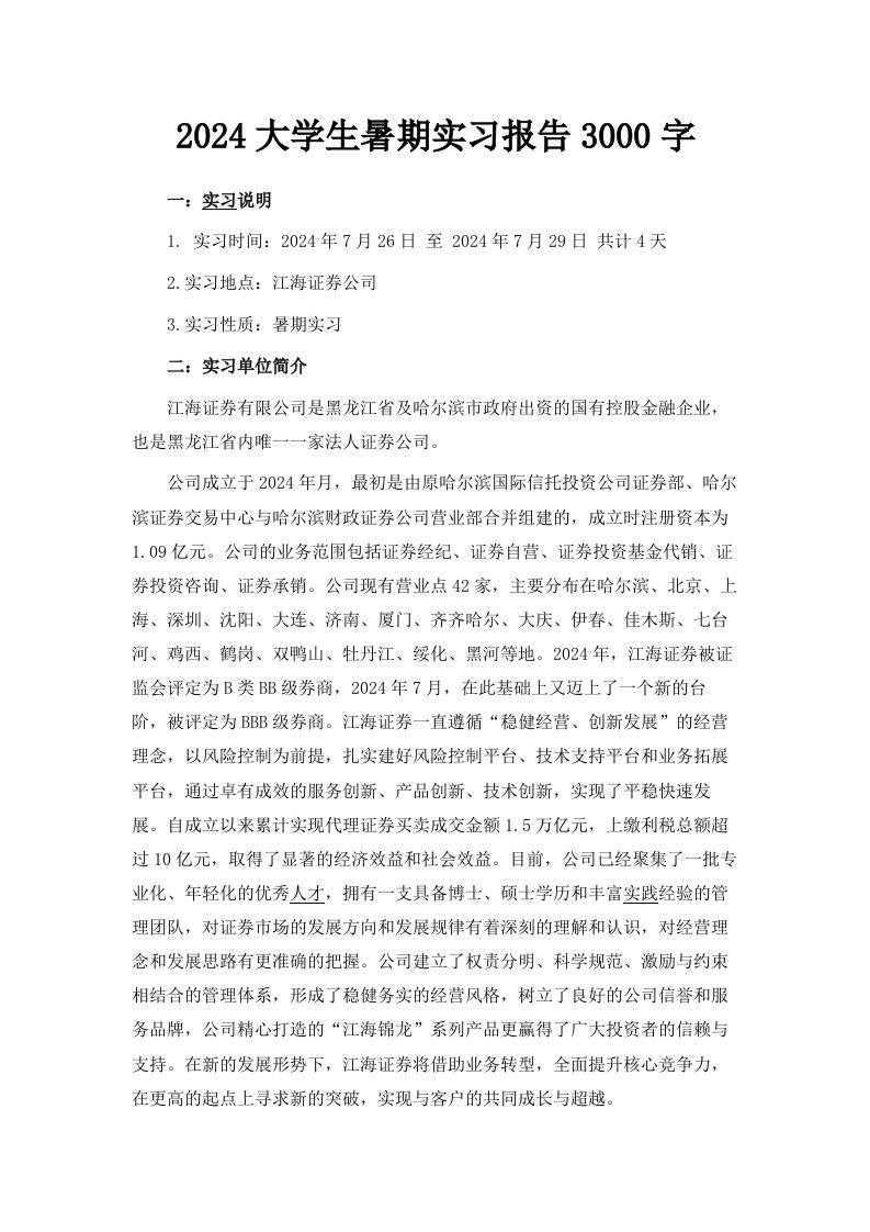 2024大学生暑期实习报告3000字