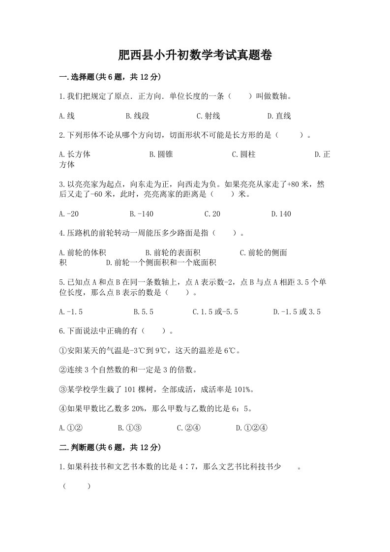 肥西县小升初数学考试真题卷新版