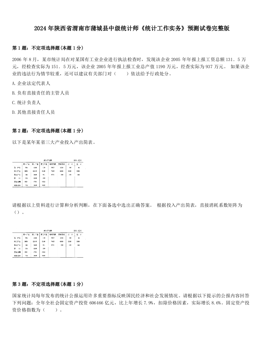 2024年陕西省渭南市蒲城县中级统计师《统计工作实务》预测试卷完整版