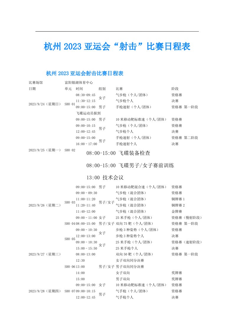 杭州亚运会“射击”比赛日程表