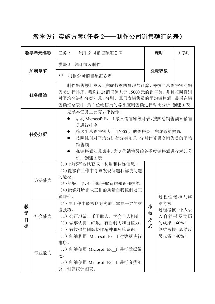 单元教学设计实施方案(任务2-制作公司销售额汇总表)