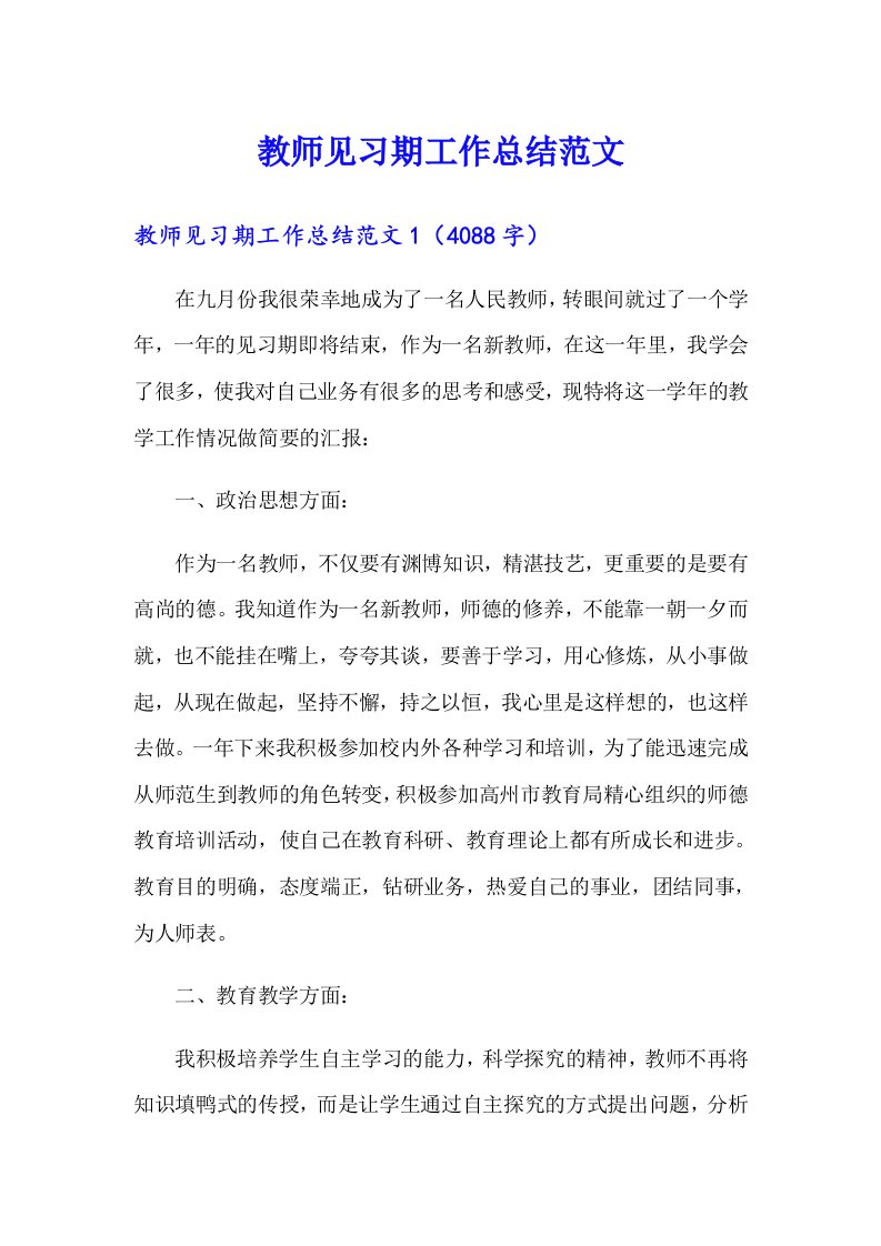 教师见习期工作总结范文