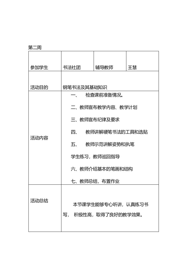 硬笔书法社团活动记录材料