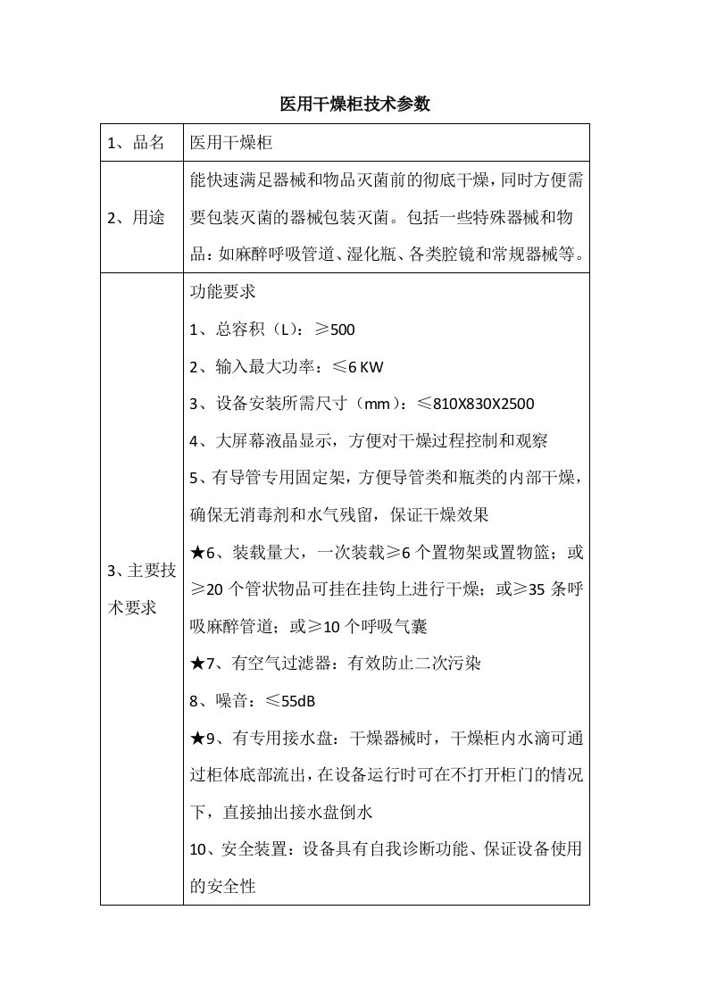 医用干燥柜技术参数