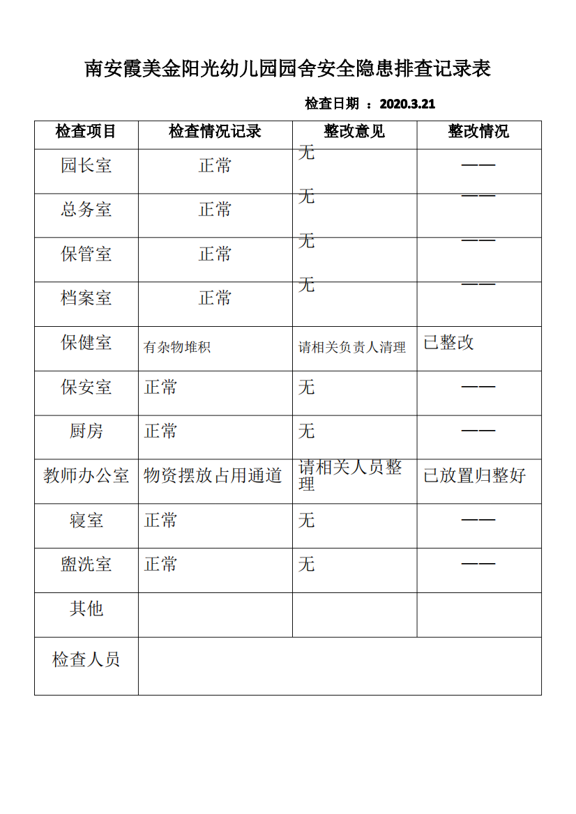 幼儿园安全隐患排查记录表