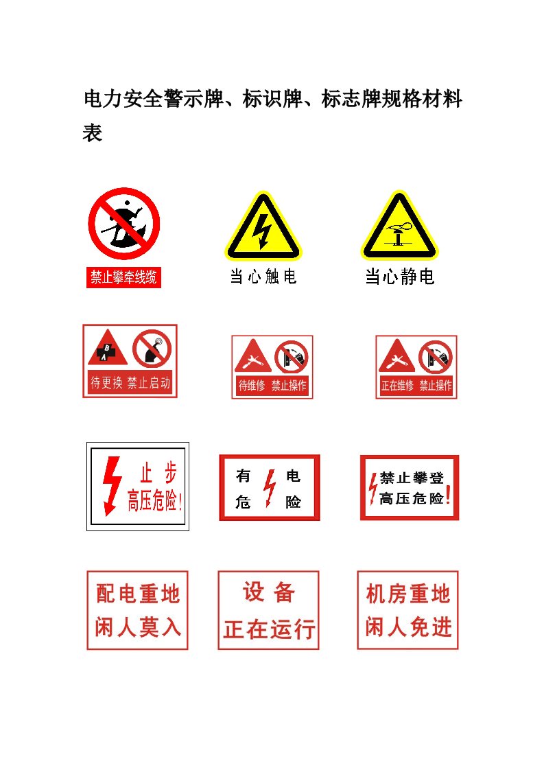 电力安全警示牌材料规格表(新版)