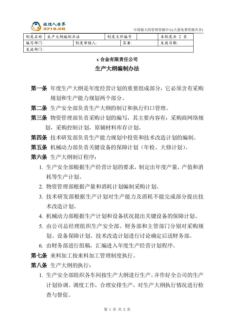 x合金公司-生产大纲管理制度(doc)-生产制度表格