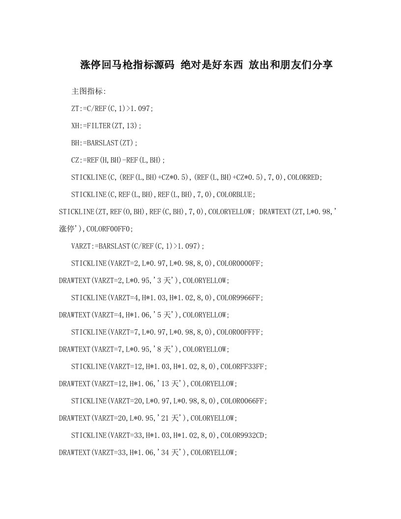 涨停回马枪指标源码+绝对是好东西+放出和朋友们分享