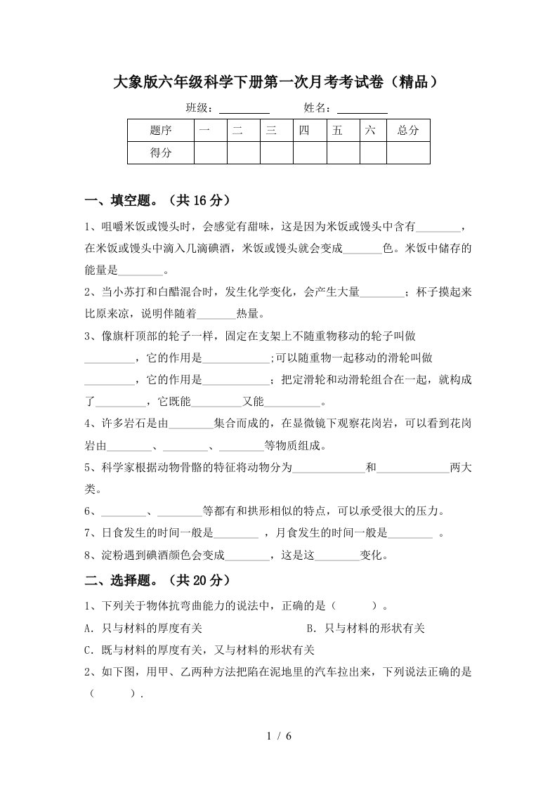 大象版六年级科学下册第一次月考考试卷精品