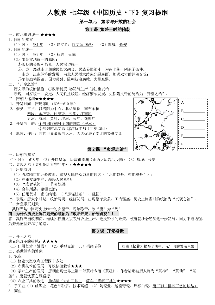 最最新七年级下册历史复习提纲