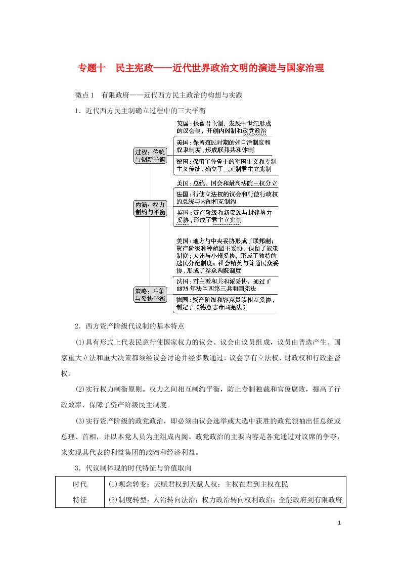 新高考版通史版2023高考历史二轮专题复习第1部分第3编世界史专题10民主宪政__近代世界政治文明的演进与国家治理教师用书