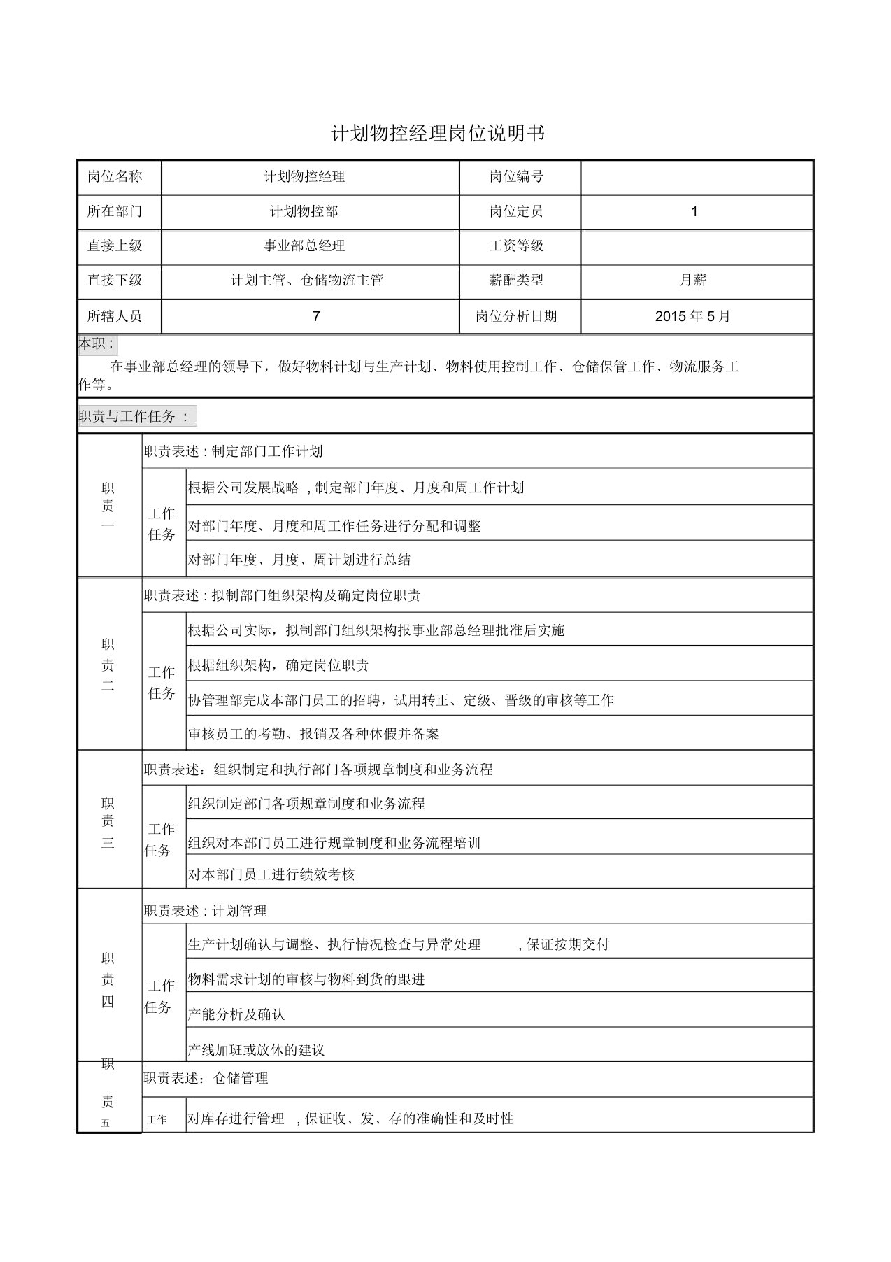 计划物控部经理岗位说明书已核