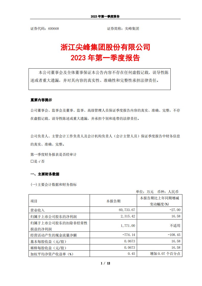 上交所-尖峰集团2023年第一季度报告