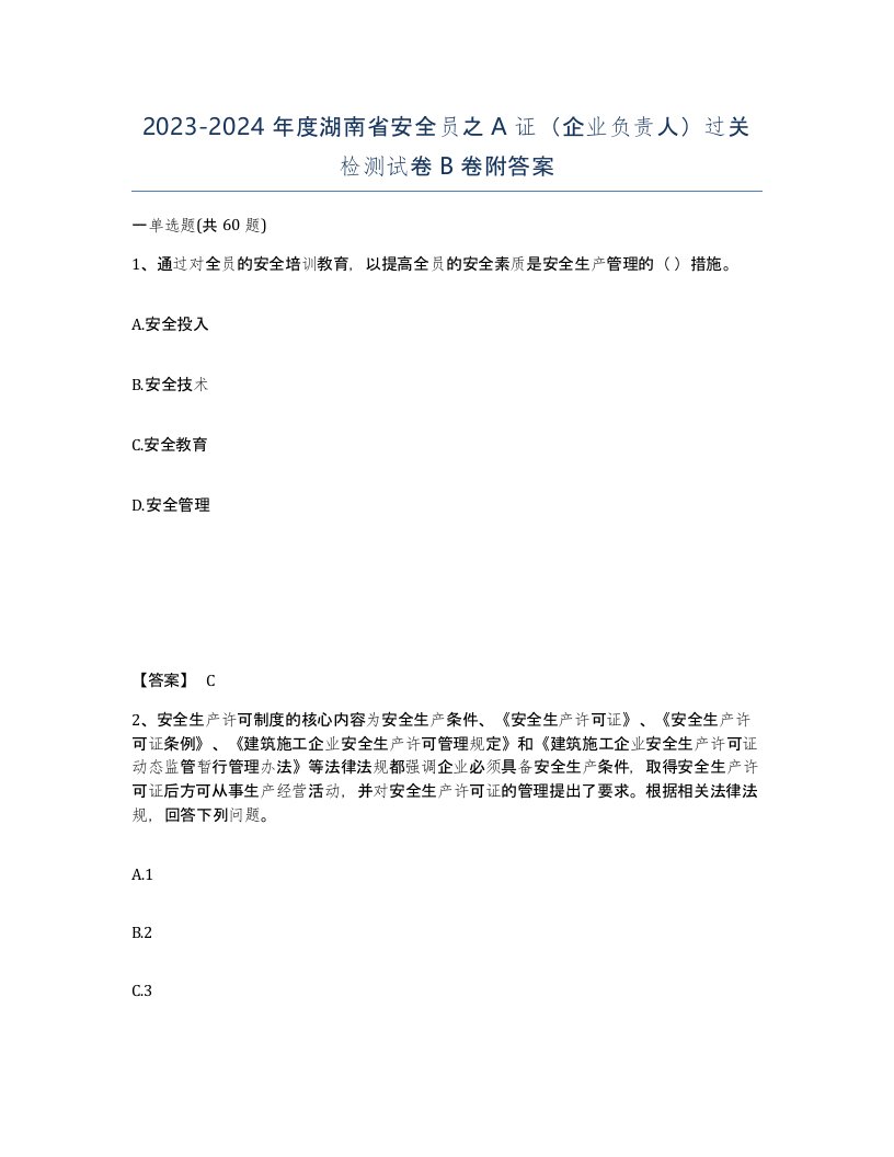 2023-2024年度湖南省安全员之A证企业负责人过关检测试卷B卷附答案