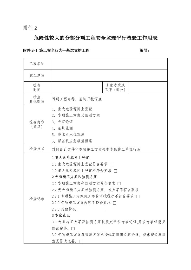 危险性较大的分部分项工程安全监理平行检验工作用表