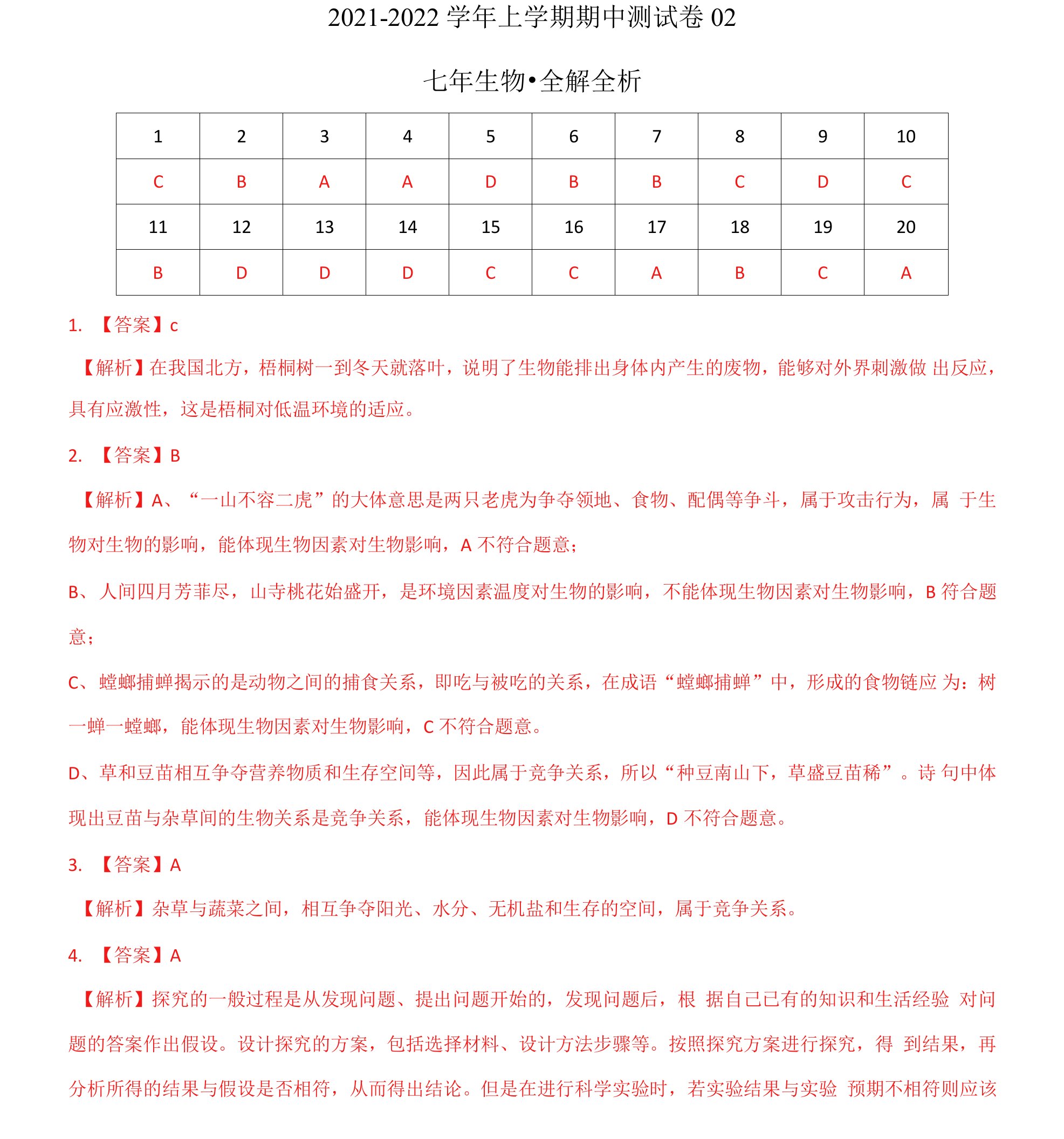 2021-2022学年七年生物上学期期中检测卷（苏教版）02（全解全析）