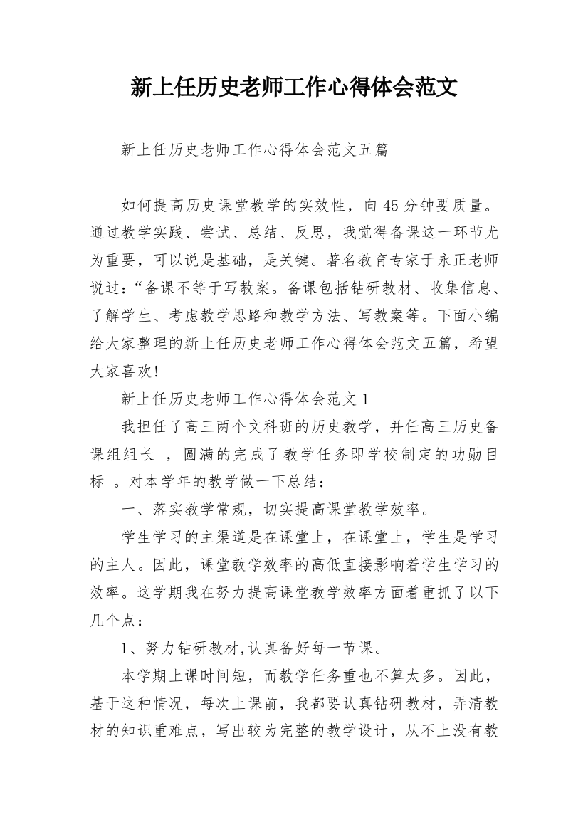 新上任历史老师工作心得体会范文