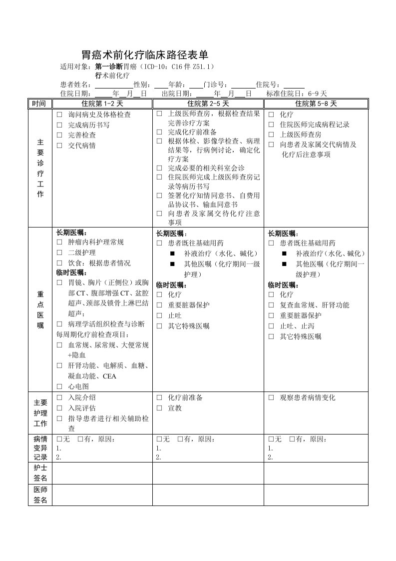 胃癌术前化疗临床路径