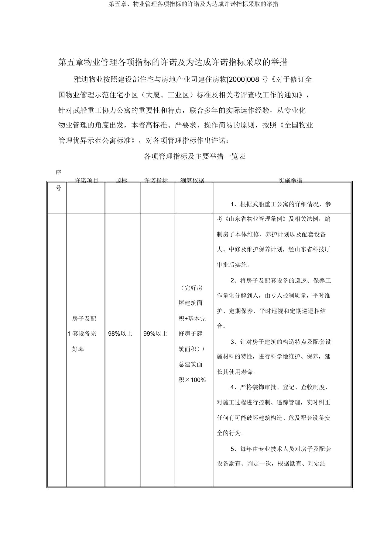 第五章物业管理各项指标承诺及为完成承诺指标采取措施