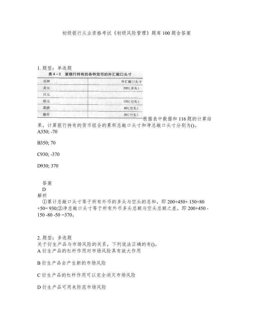 初级银行从业资格考试初级风险管理题库100题含答案第7版