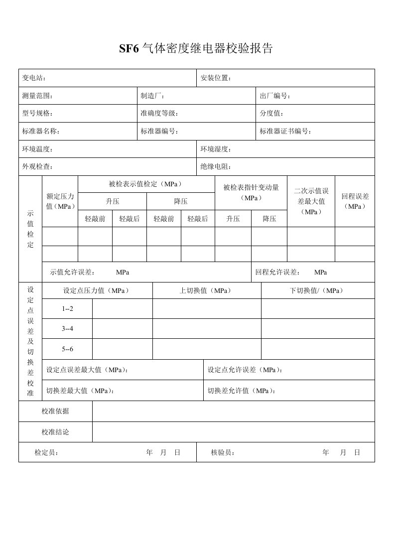 SF6密度继电器校验报告(模板)