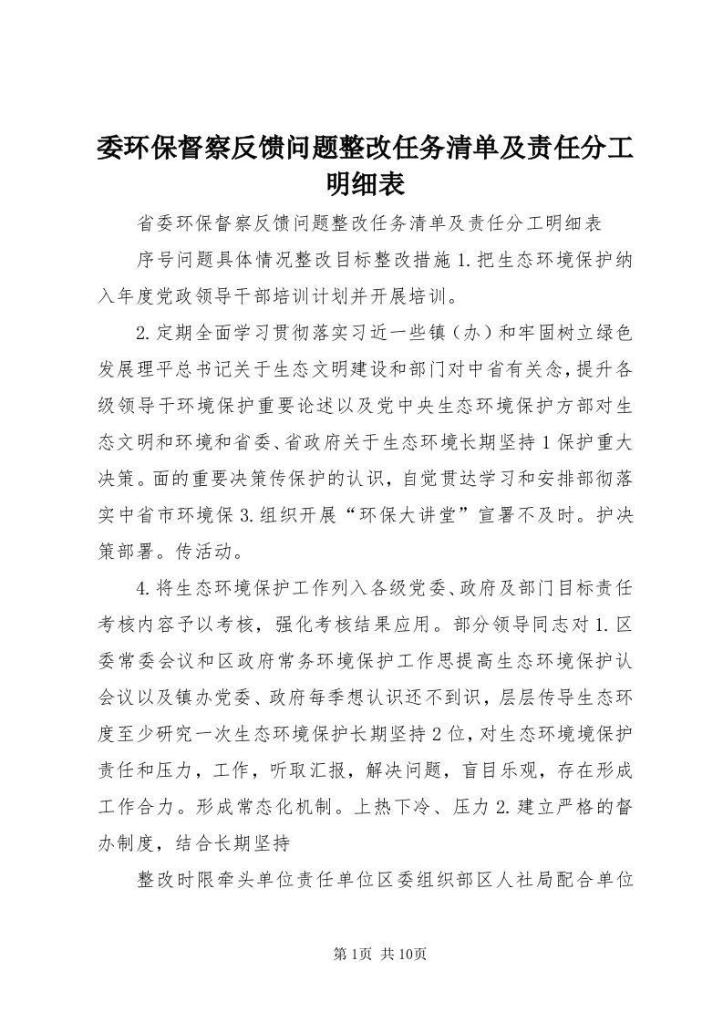 6委环保督察反馈问题整改任务清单及责任分工明细表