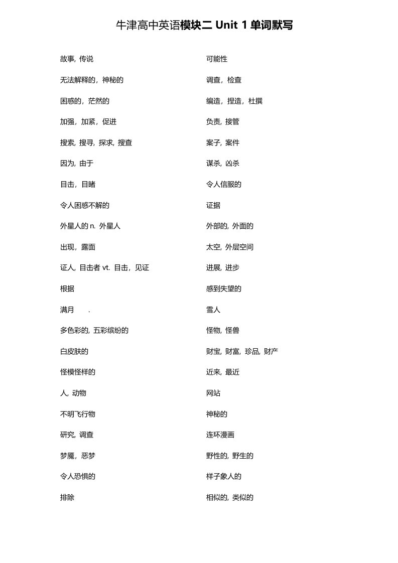 牛津高中英语模块二单词默写纸