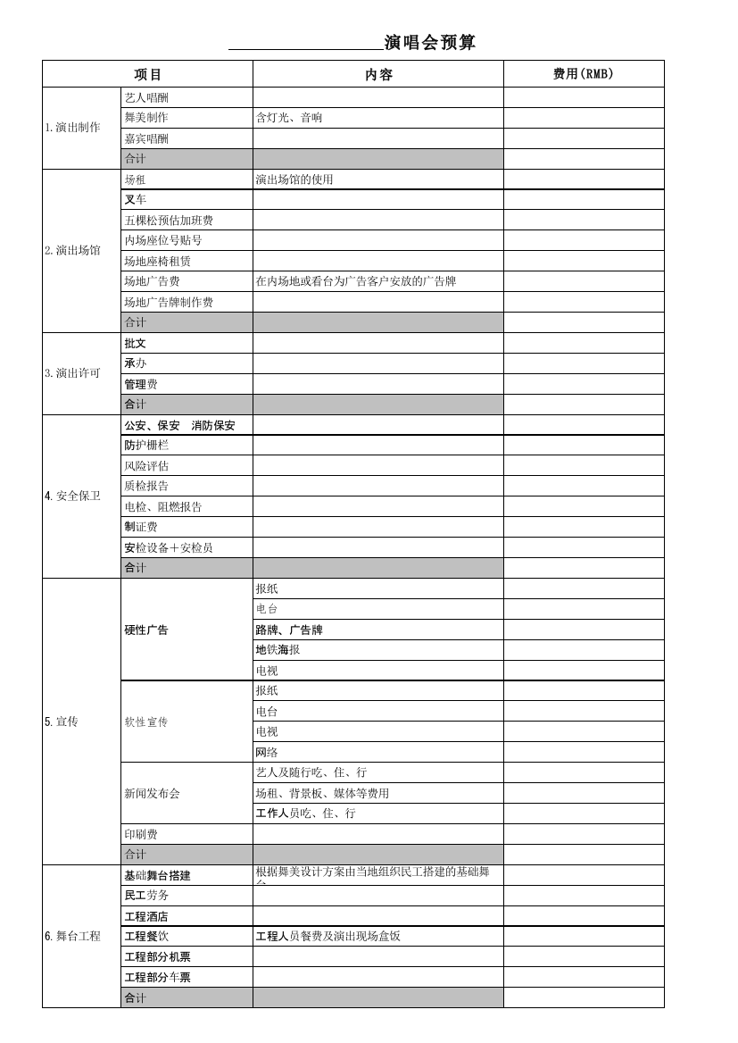 演出预算表模板