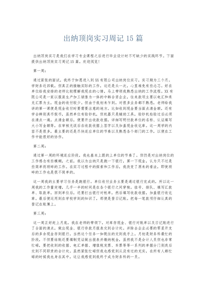 总结报告出纳顶岗实习周记15篇