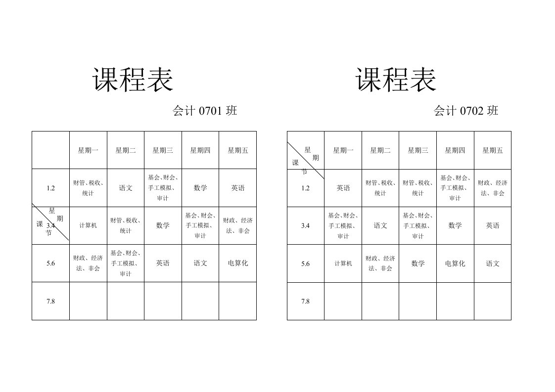 某校金融会计专业一周课程表