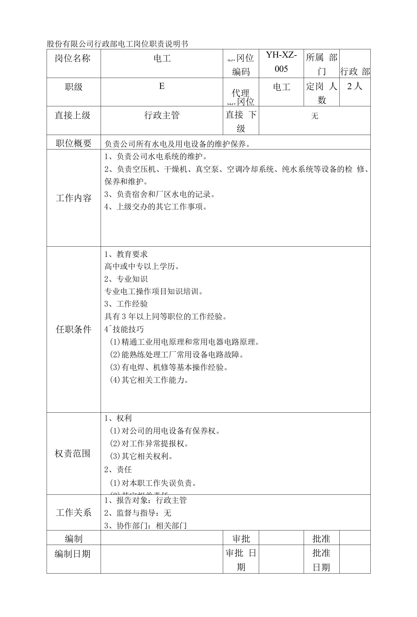 股份有限公司行政部电工岗位职责说明书