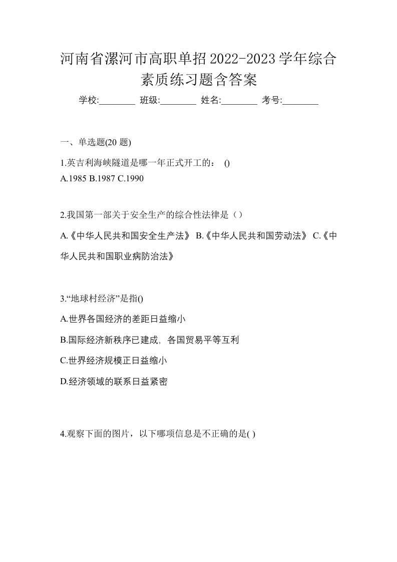 河南省漯河市高职单招2022-2023学年综合素质练习题含答案