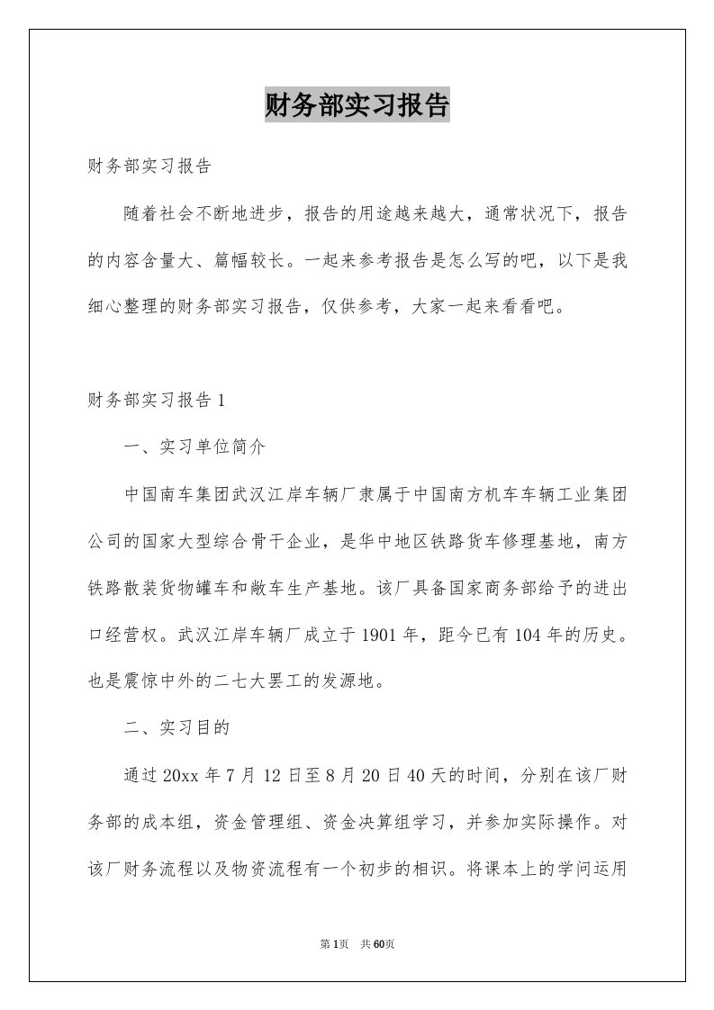 财务部实习报告例文