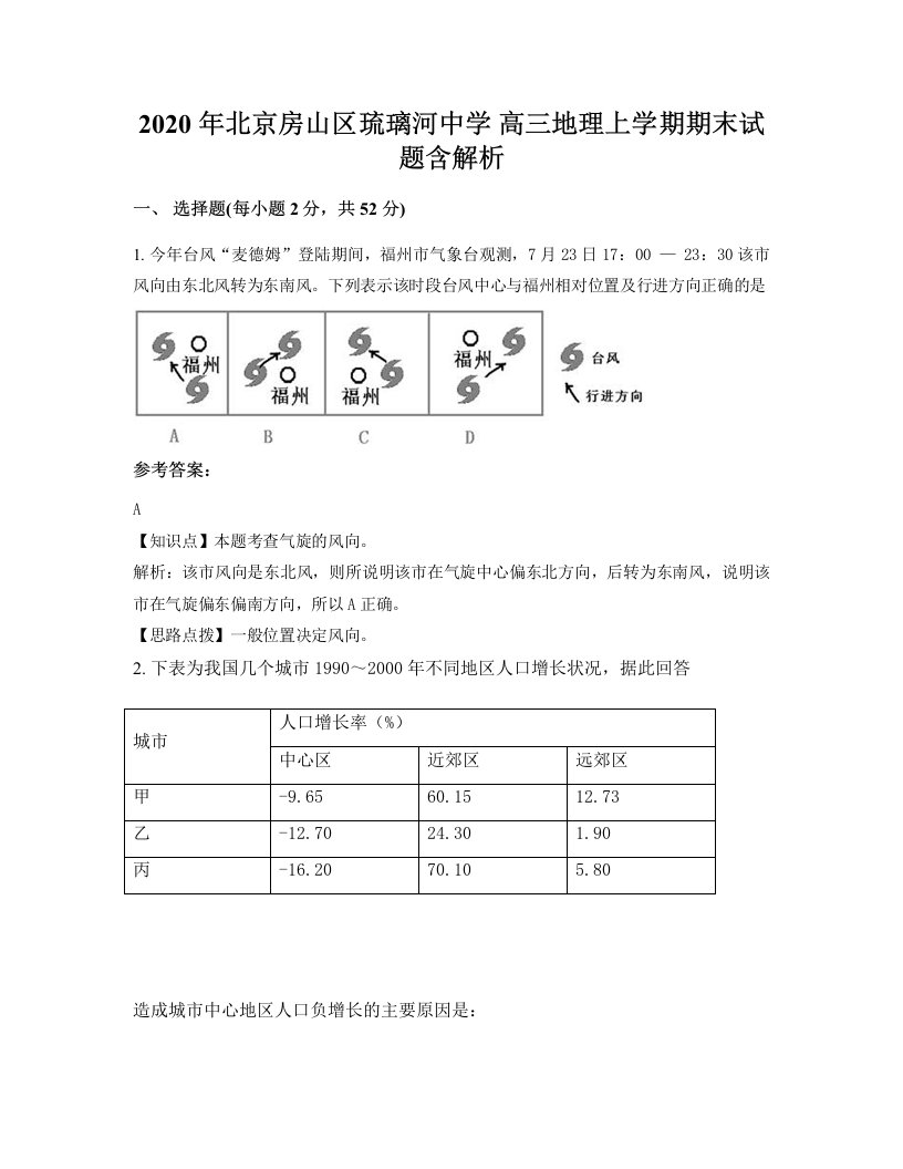 2020年北京房山区琉璃河中学高三地理上学期期末试题含解析