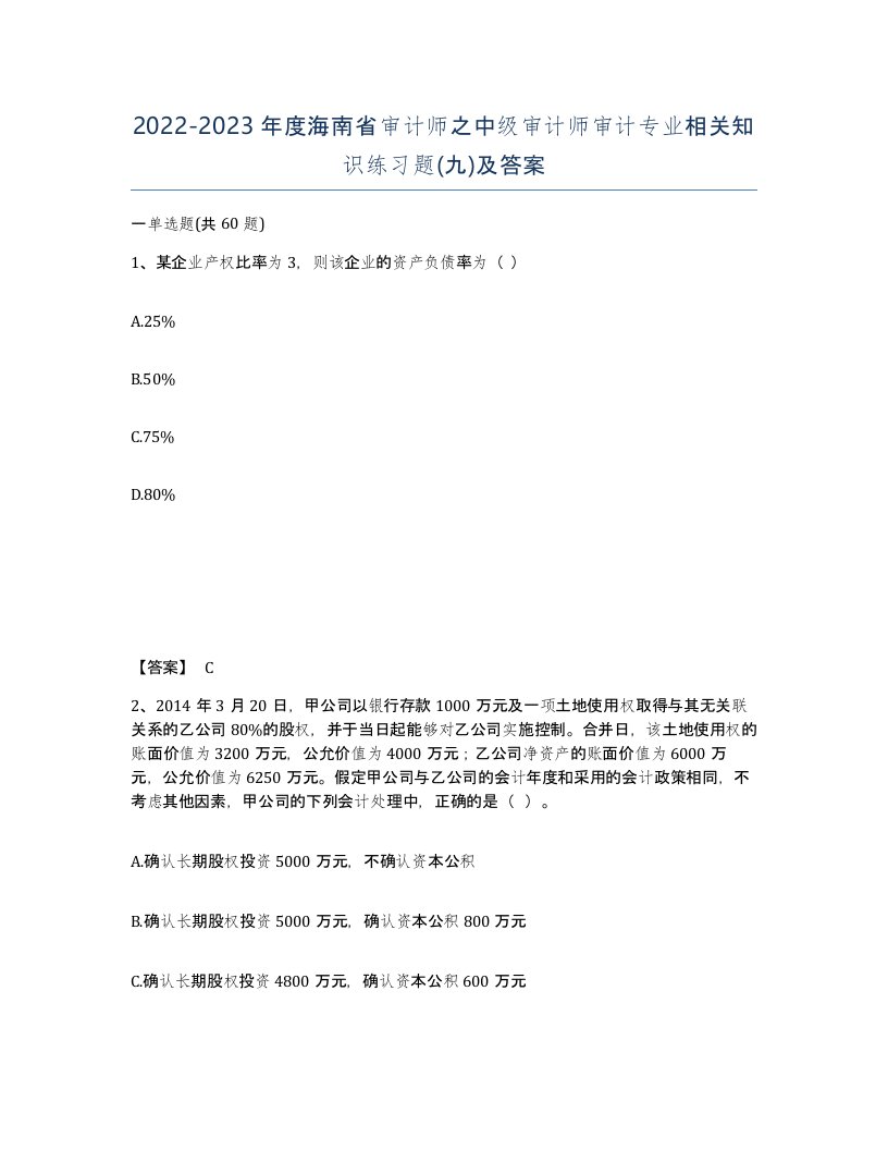 2022-2023年度海南省审计师之中级审计师审计专业相关知识练习题九及答案