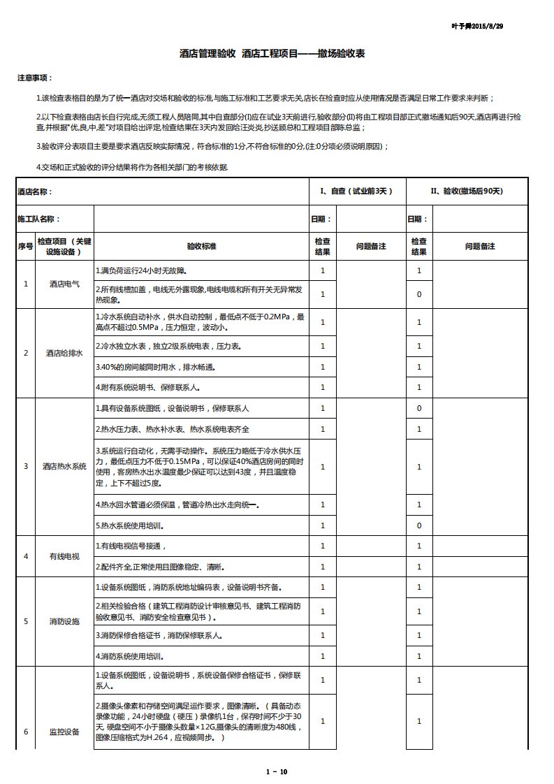 酒店管理验收