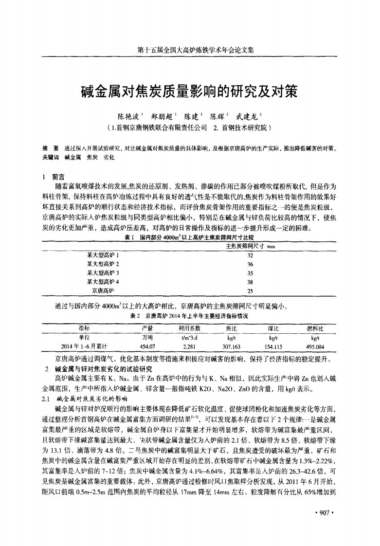 碱金属对焦炭质量影响的研究及对策