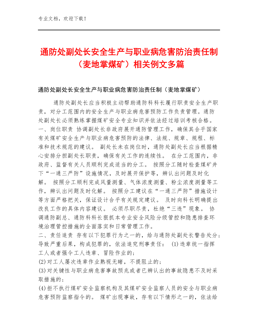 通防处副处长安全生产与职业病危害防治责任制（麦地掌煤矿）例文多篇