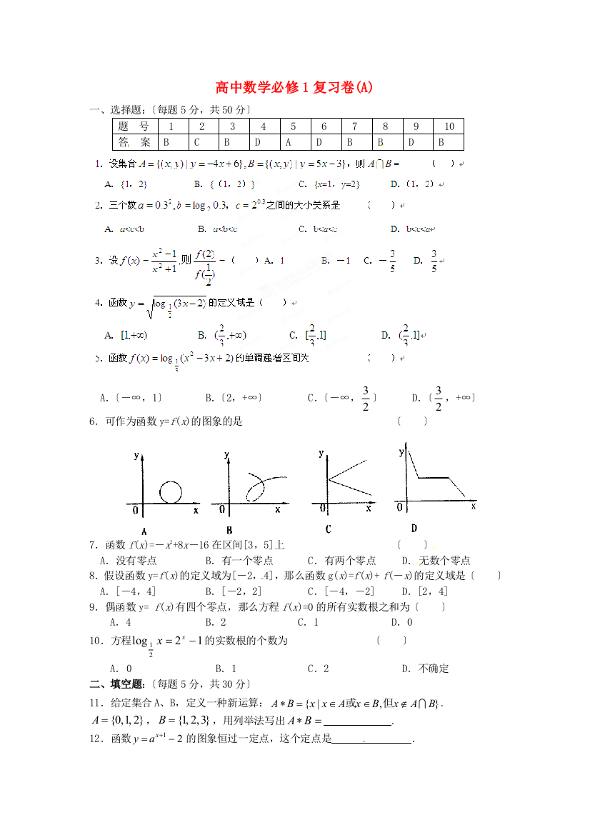 （整理版）高中数学必修1复习卷(A)