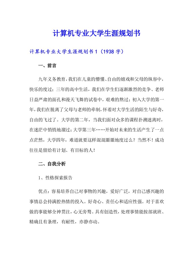 计算机专业大学生涯规划书