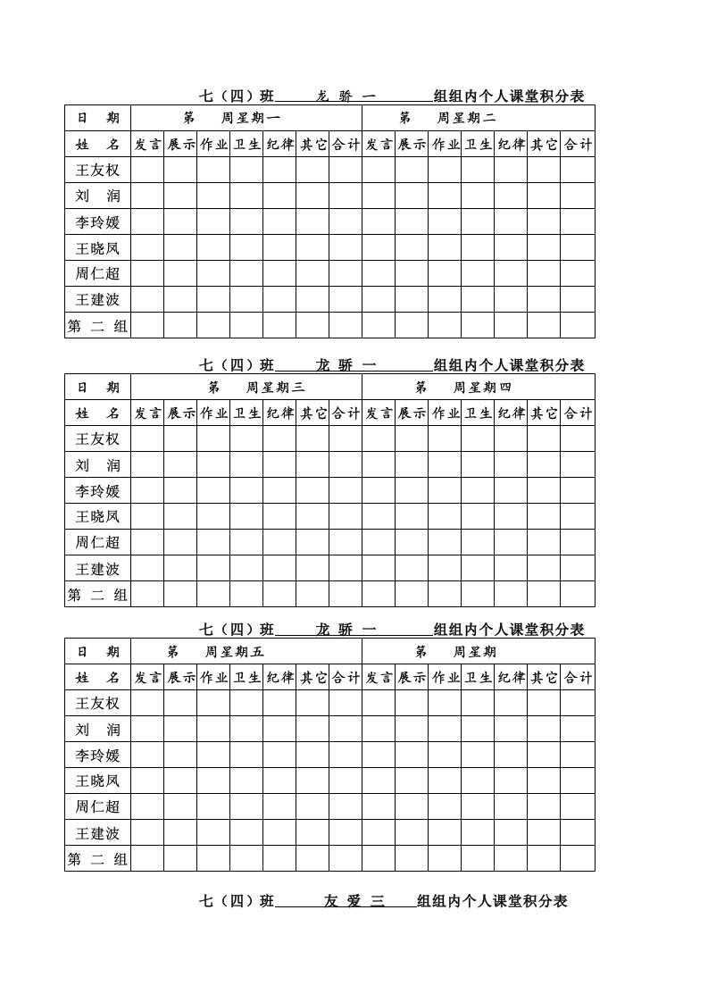 小组合作学习小组个人积分(原始)表