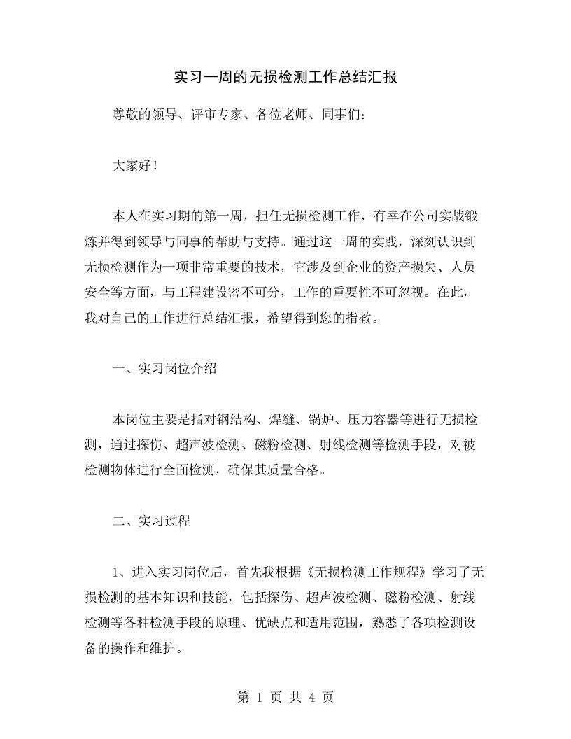 实习一周的无损检测工作总结汇报