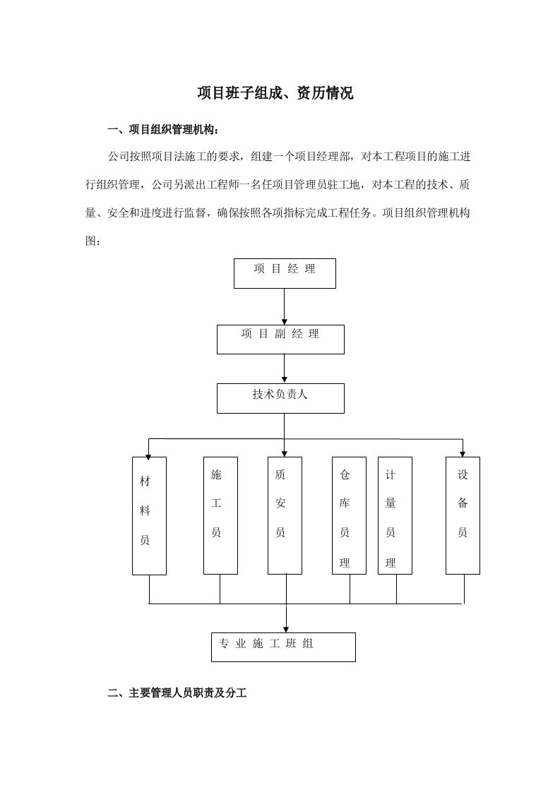 项目班子组成、资历情况