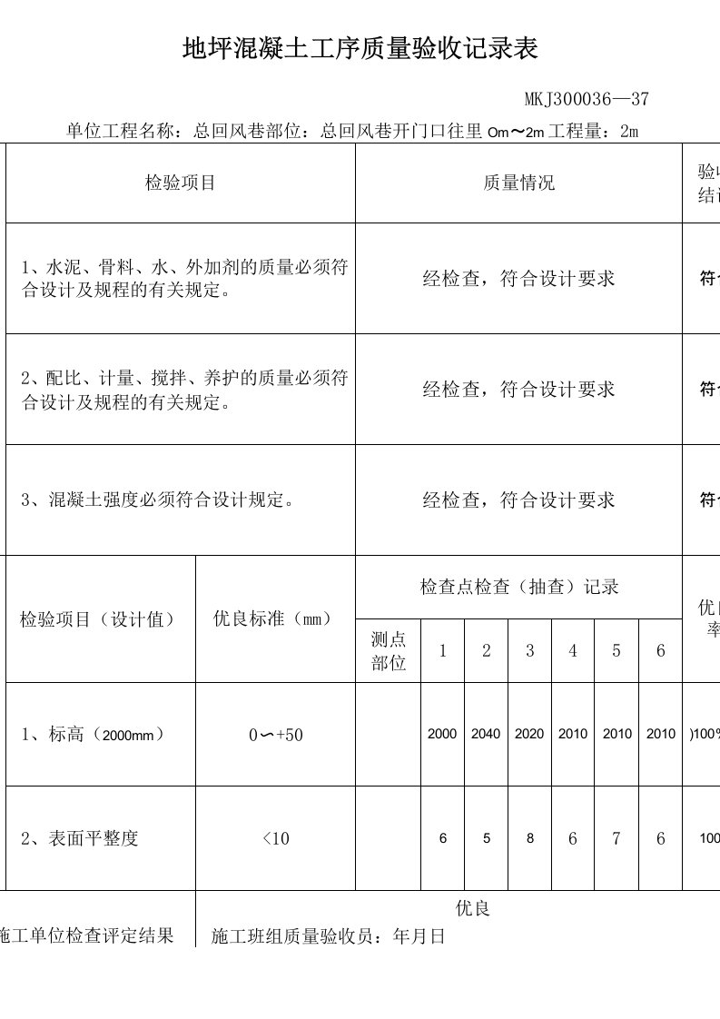 地坪混凝土工序质量验收记录表