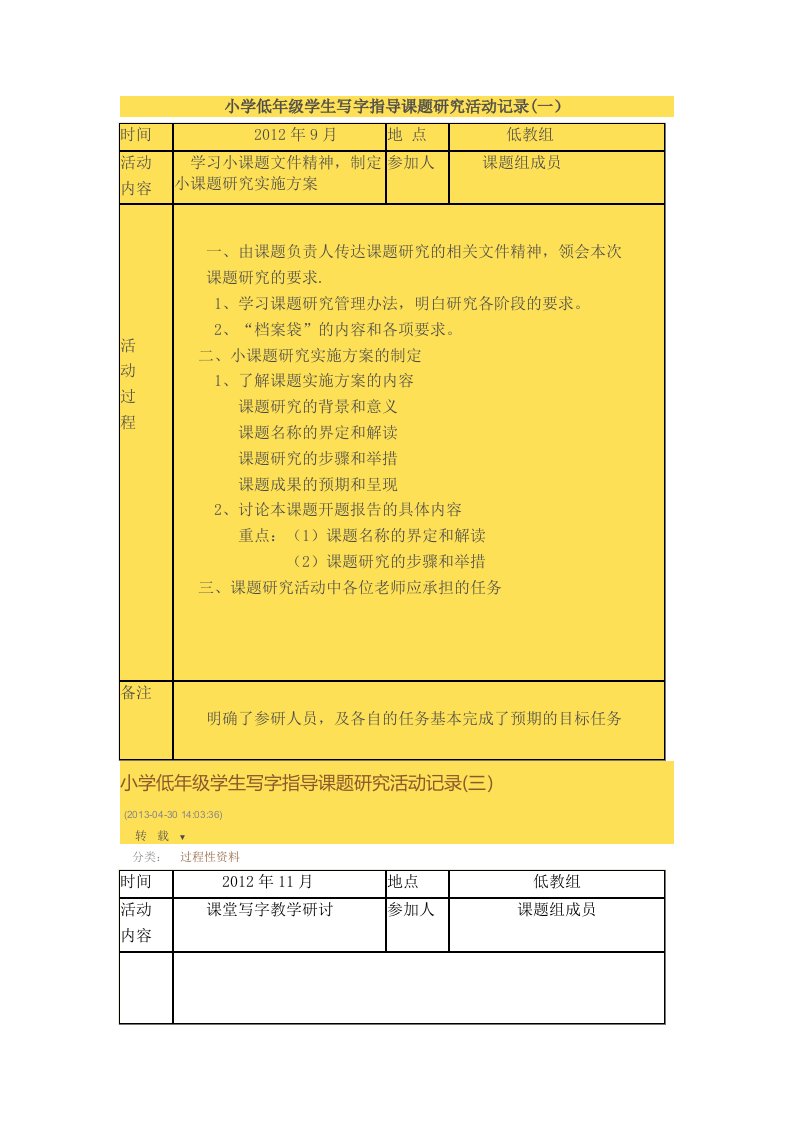 小学低年级学生写字指导课题研究活动记录