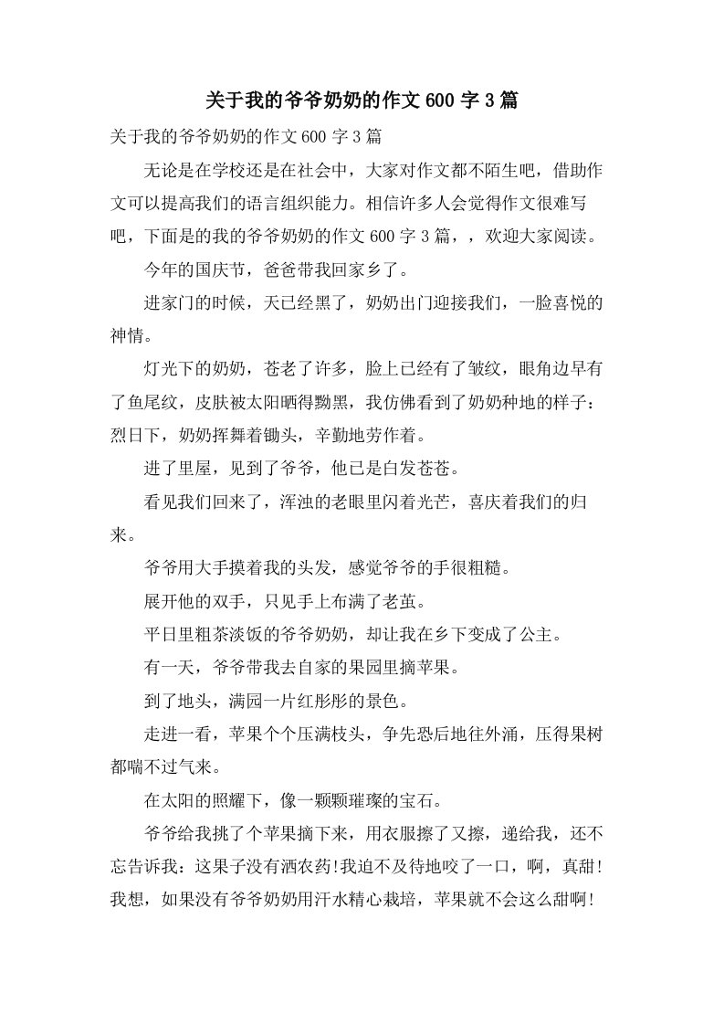 关于我的爷爷奶奶的作文600字3篇