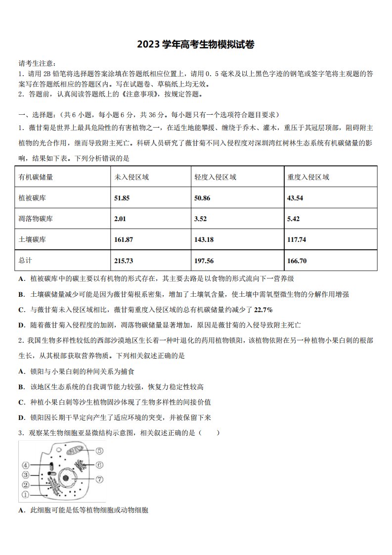 2023学年广东省梅州市高三下学期联合考试生物试题(含解析)