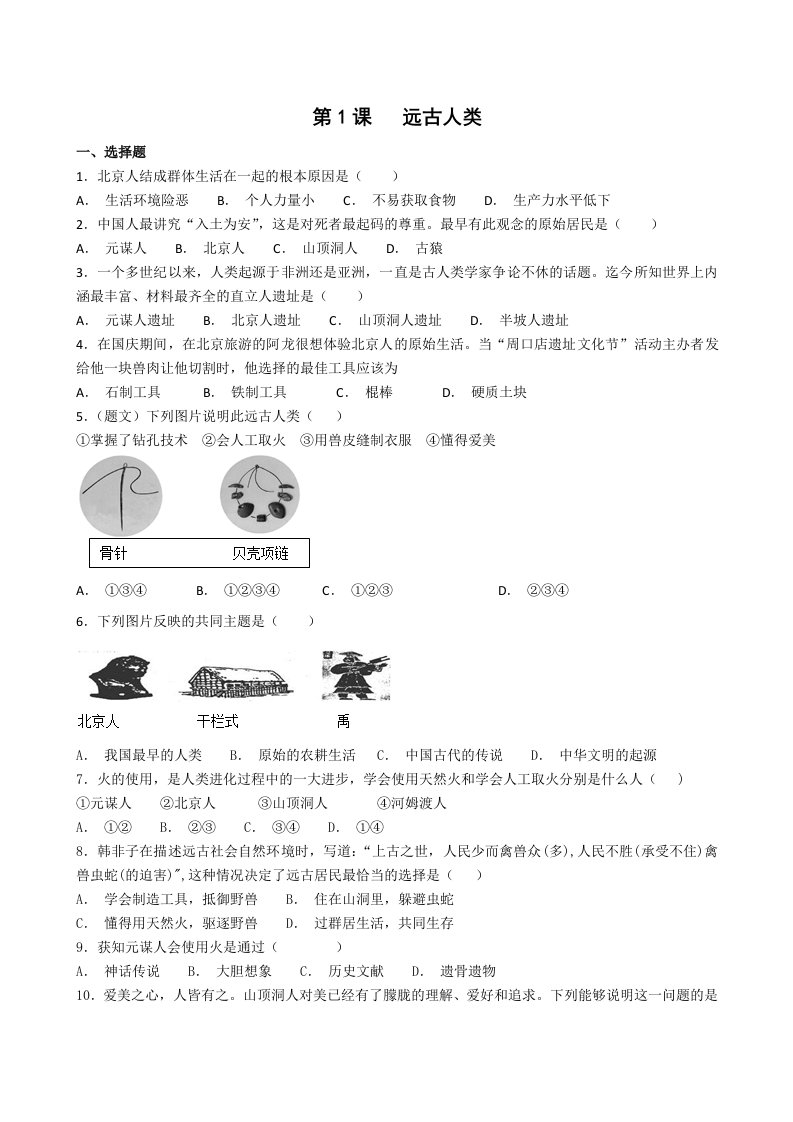 人教版七年级历史上册第一课练习